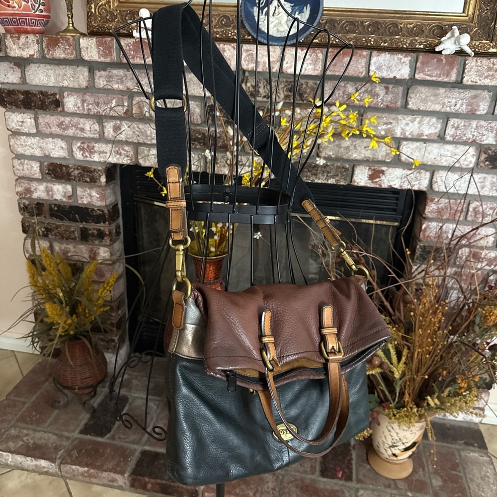Fossil Brown Gold Black Colorblock Leather Crossbody - Picture 3 of 11